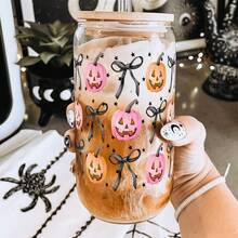 Sip Sip Hooray Design Cute Halloween Coquette Pumpkins oz Glass Can Cup With Lid And Straw Halloween Cups Cute Halloween Cups Spooky Iced Coffee Glass | SHEIN
