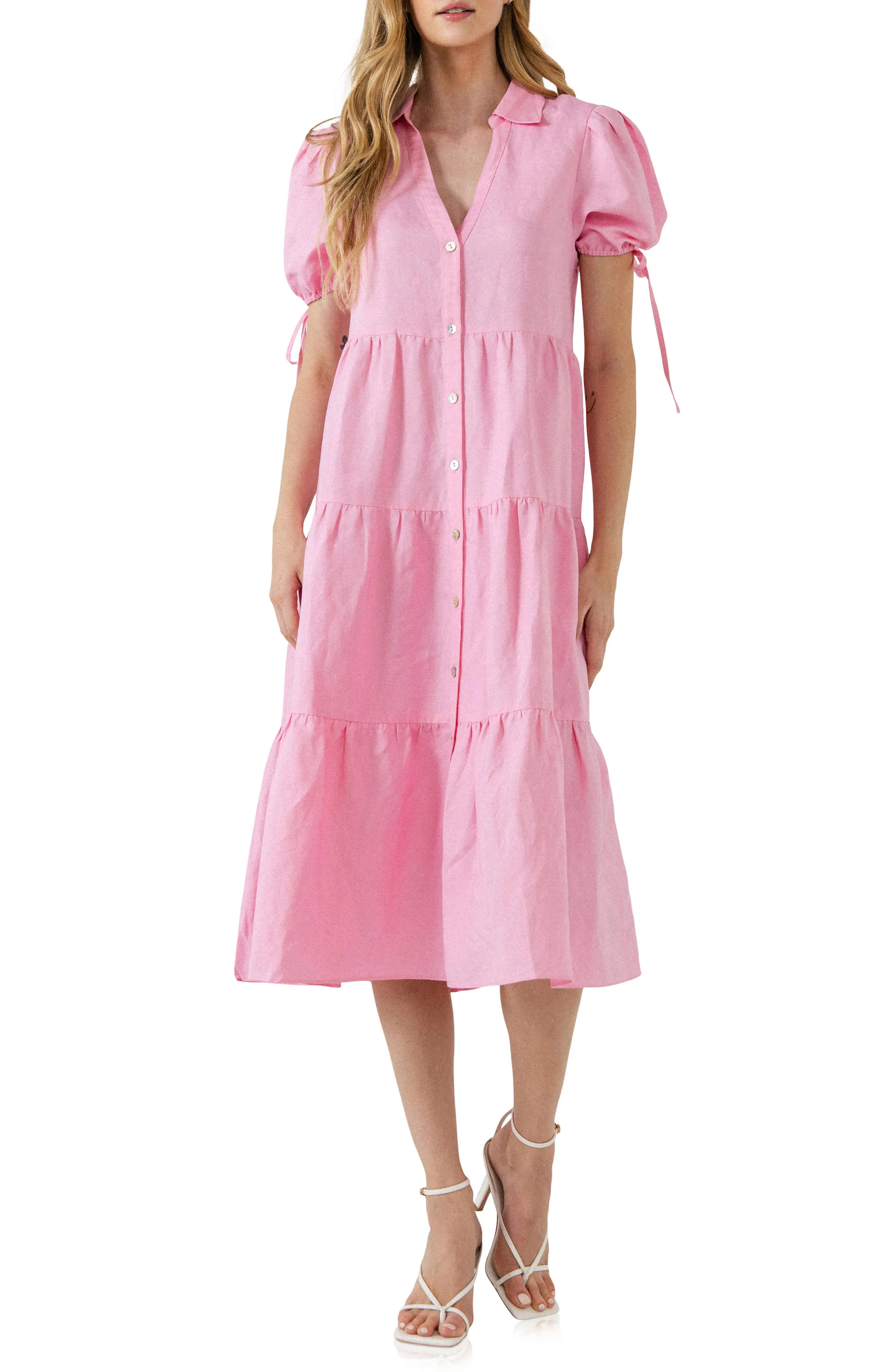 English Factory Puff Sleeve Linen Blend Midi Dress in Pink at Nordstrom, Size X-Small | Nordstrom