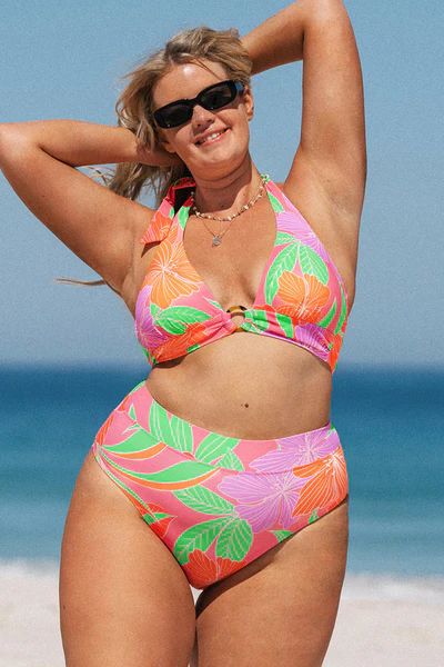 Floral Impressions Halter and High Waist Plus Size Bikini Set | Cupshe