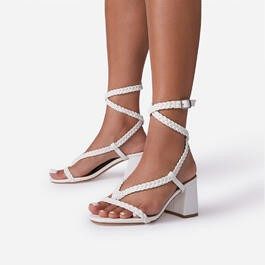 Dawn Plaited Strap Detail Low Block Sandal Heel In White Faux Leather | EGO Shoes (US & Canada)
