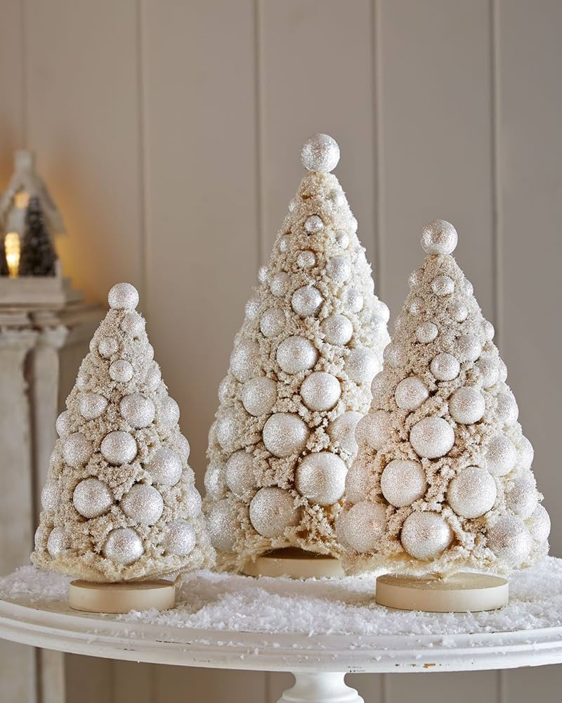Ivory and Platinum Bauble and Glitter Accent Bottle Brush Tree Set of 3 | Amazon (US)