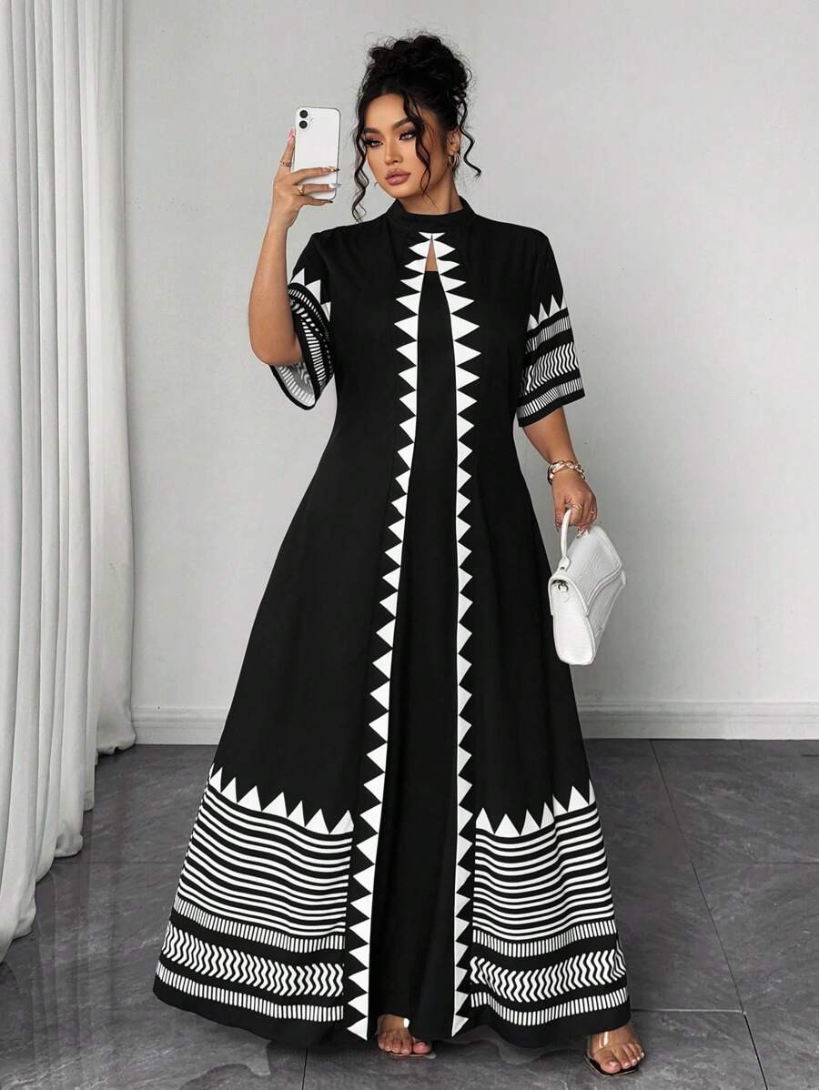 Elenzga Plus Size Print Lace-Up 2 In 1 Dress Boho Plus Size Vibekara Plus Size | SHEIN