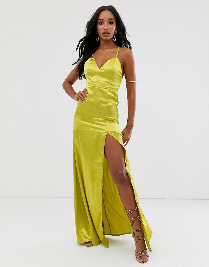 Club L London satin plunge front maxi dress with high thigh split in lime-Green | ASOS (Global)