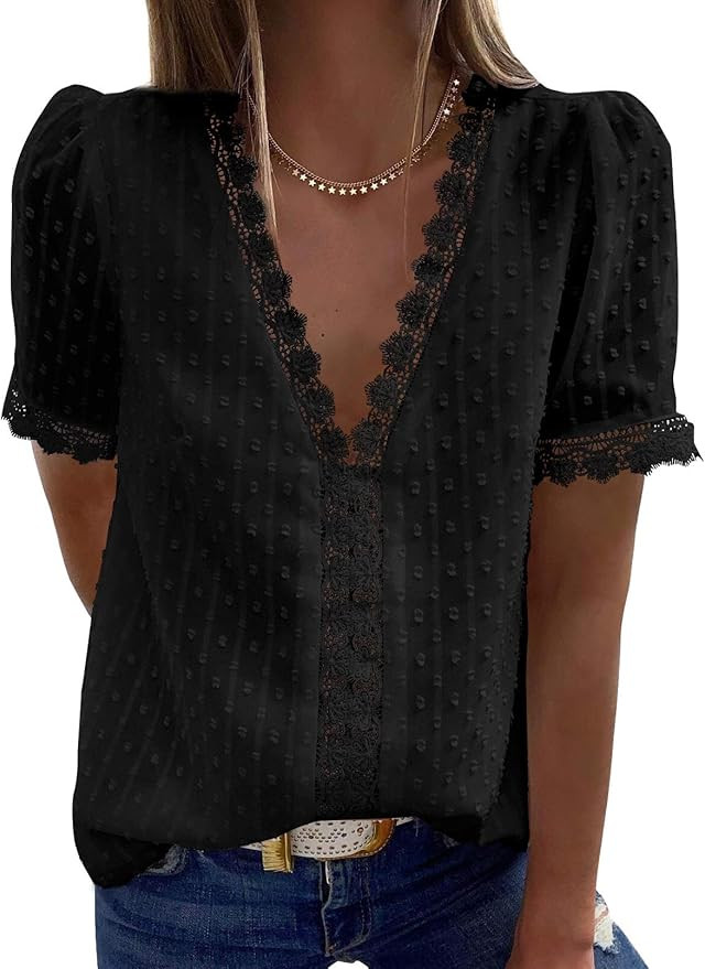 Dokotoo Women's V Neck Lace Crochet Tunic Tops Flowy Casual Blouses Shirts | Amazon (US)
