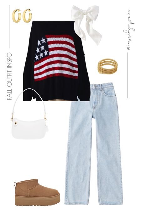 fall outfit inspo. fall outfits. casual style. slick back bun. fall fashion. neutral aesthetic. neutral style. sweatshirt outfit. Abercrombie jeans. Flag sweater. Usa

#LTKunder100 #LTKstyletip #LTKunder50