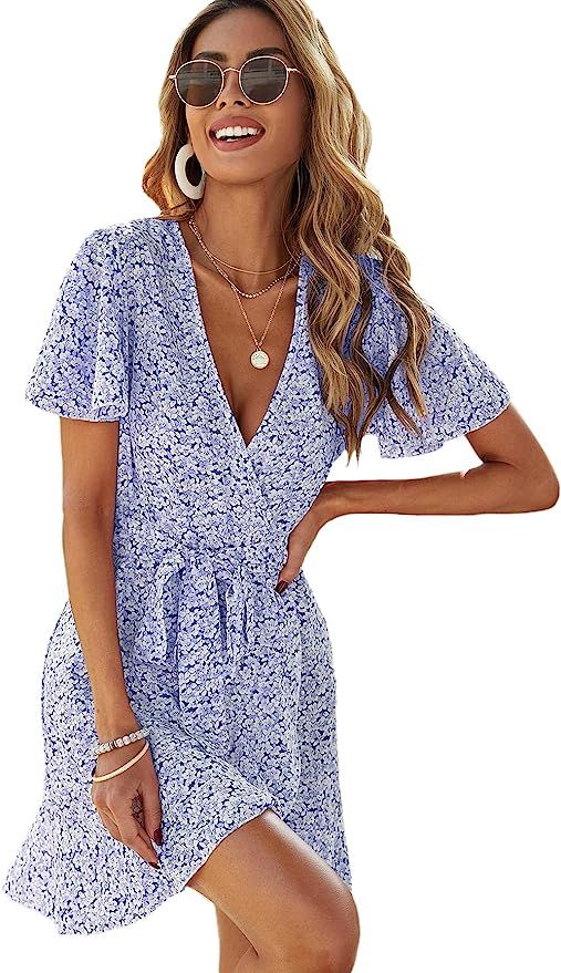 SheIn Women's Floral Tie Front Ruffle Mini Dress V Neck Short Sleeve A Line Flare Dresses | Amazon (US)