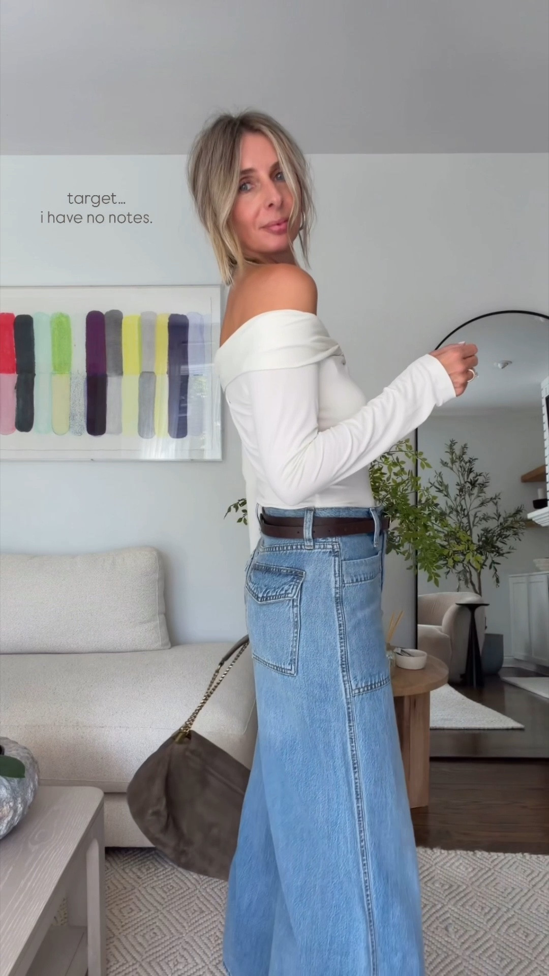 top - medium // jeans - size 6.

top also available in black and brown. jeans offered in a darker wash too! 

how killer is this off the shoulder number!! annnnnd, what if i told you it’s less than $20!! i was shook when in saw the tag. it’s soft. super cool. and sexy. we allllll need! 😮‍💨 

i just pulled my bra straps down for this video, but when in wear irl i’ll either throw on some cakes covered or grab a strapless bra. 👌 

✨✨✨✨✨✨✨✨✨✨✨✨

fall style. effortless style. jeans and a top. of the shoulder top. target style. cool mom style. date night outfit. 

want more effortless cool everyday inspo…come follow me at @houseofmagpye 🫶 @Target targetstyle