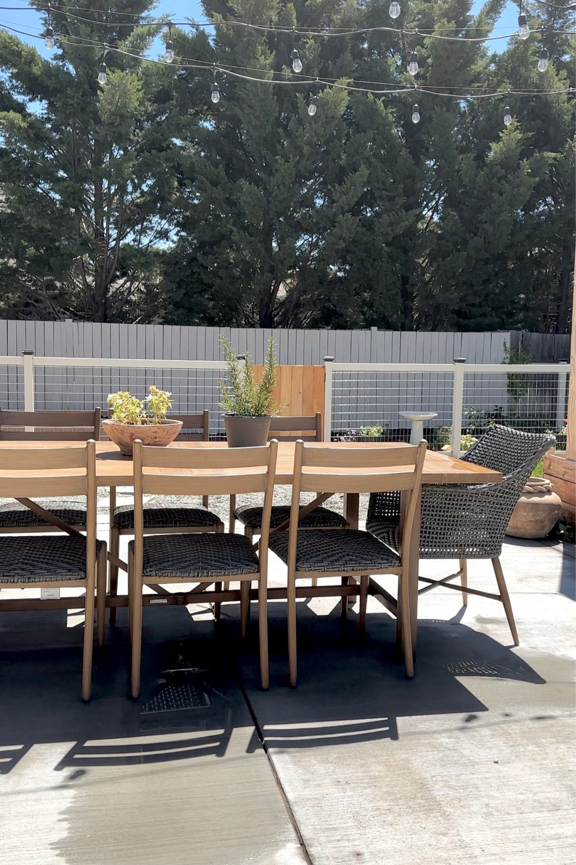 Out outdoor table is metal that is made to look like wood. It has held up great to our 4 seasons and seats 8! Patio decor, outdoor table, patio furniture outdoor seating