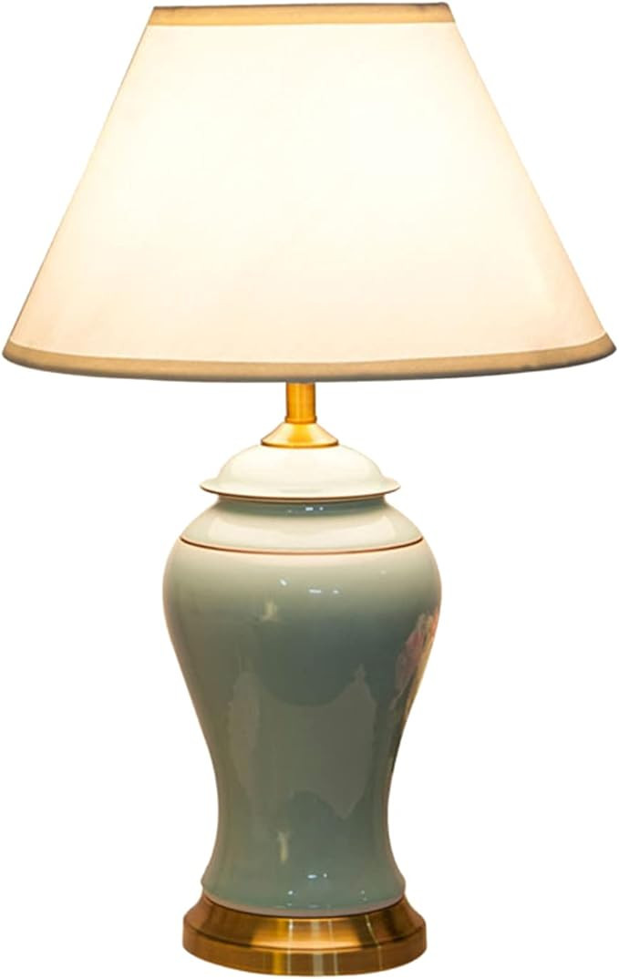 PURESILKS 23.6” Ceramic Table Lamp LED Chinoiserie Desk Lamp Fabric lampshade,Gold Base,Farmhou... | Amazon (US)
