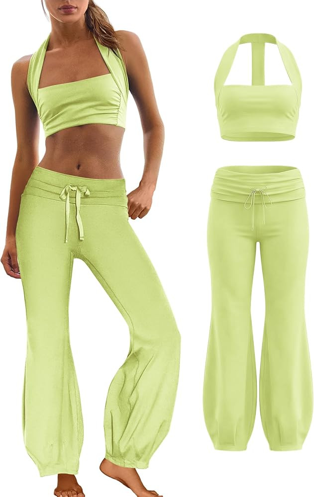 Panadila Women 2 Piece Yoga Sets Pilates Outfit Halter Sports Bra Fold Over Flare Leggings Matchi... | Amazon (US)