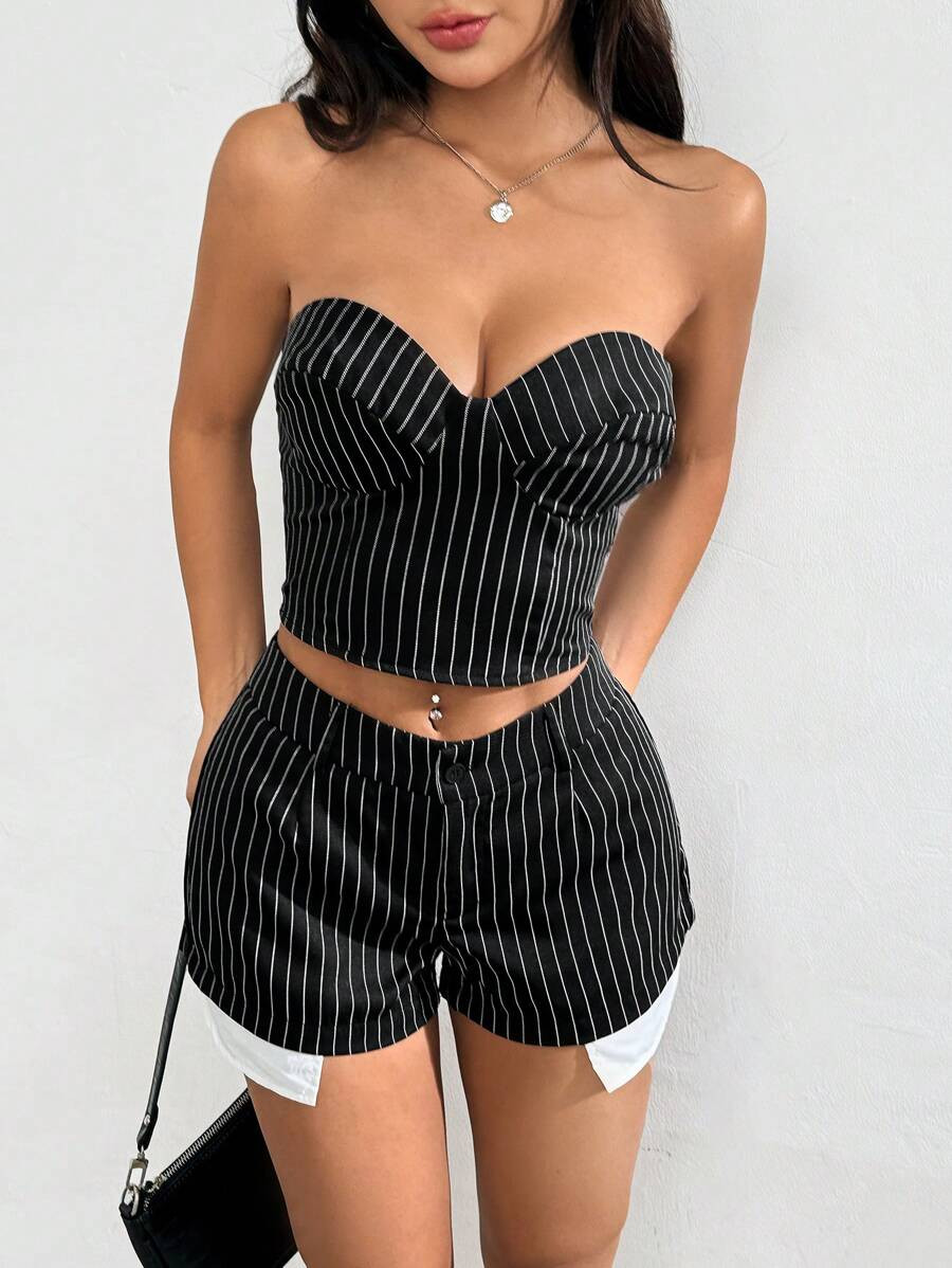 SHEIN EZwear Striped Print Single Breasted Vest Blazer & Colorblock   Shorts | SHEIN