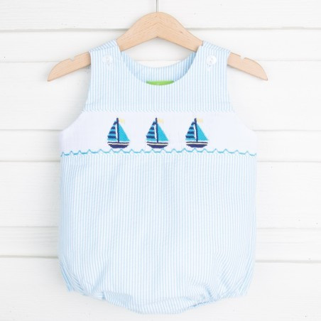 Sailboat Smocked Boy Sun Bubble Turquoise Stripe | Classic Whimsy