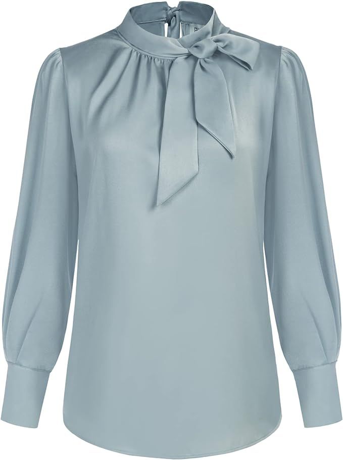 GRACE KARIN Women's Bow Tie Neck Long Sleeve Chiffon Blouses Pleated Mock Neck Casual Work Shirt ... | Amazon (US)