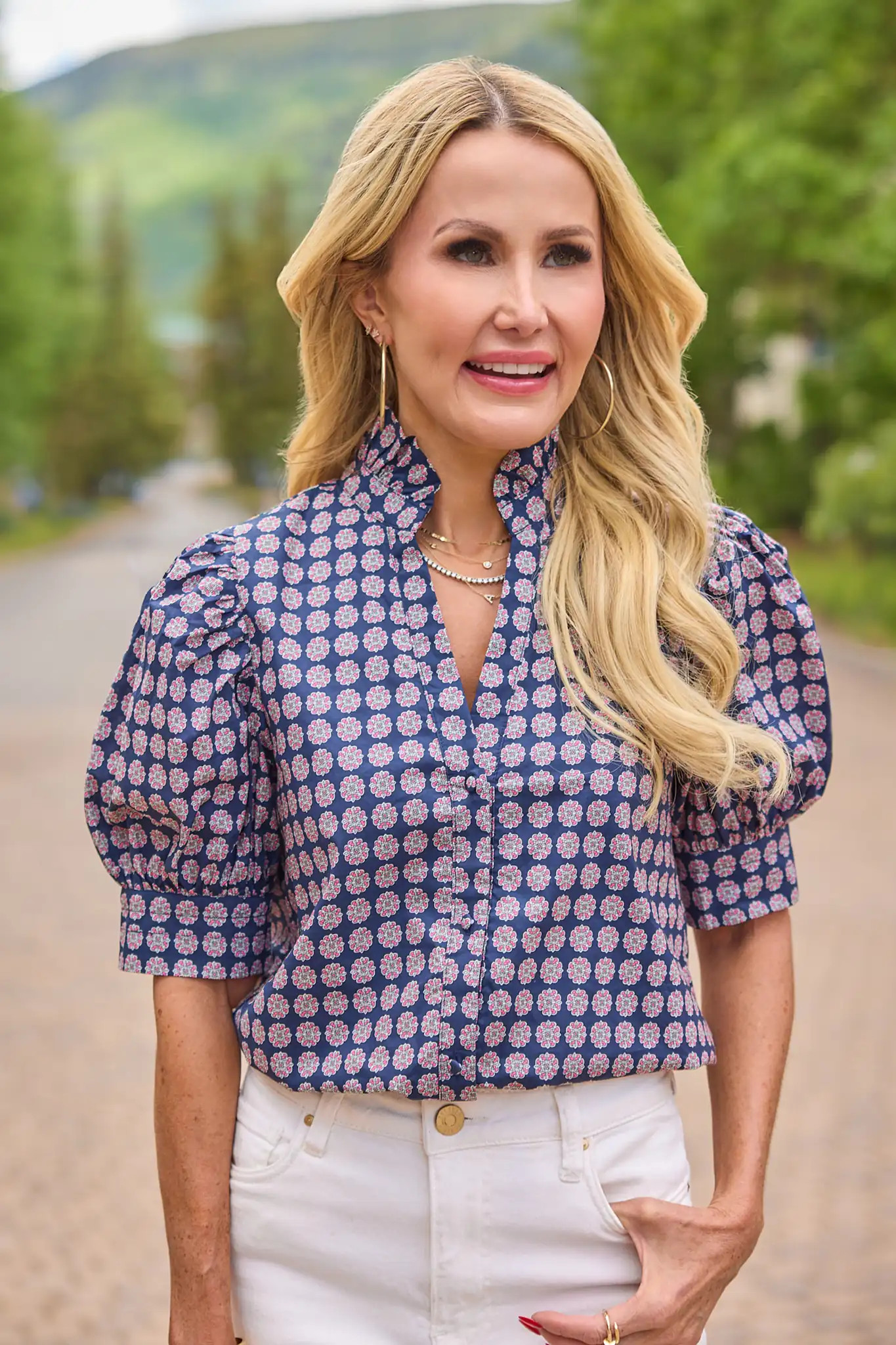 Daphne Navy Printed Button Up Top | Avara