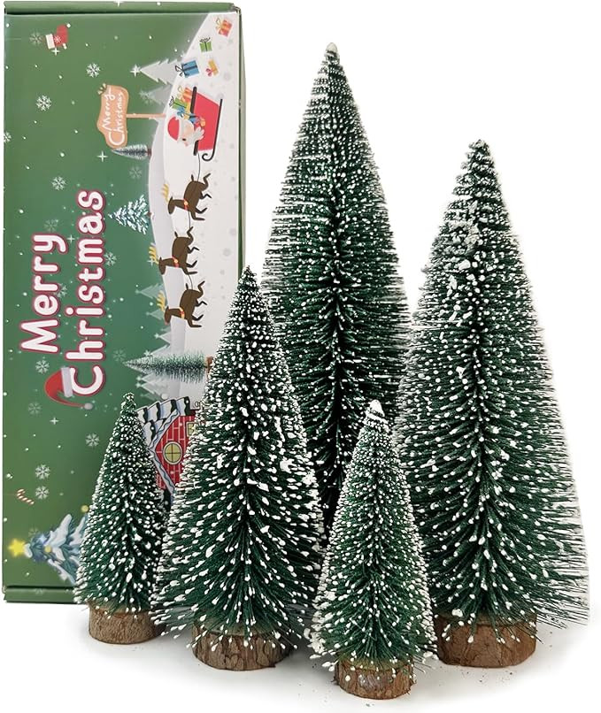 5 PCS Table top Christmas Pine Tree Bottle Brush Christmas Trees with Wooden Bases for Village Ho... | Amazon (US)