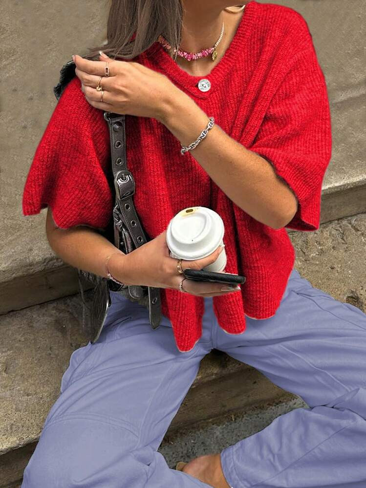 Women's Casual Solid Color Short Sleeve Knitted Cardigan,Short Sleeve Tops | SHEIN