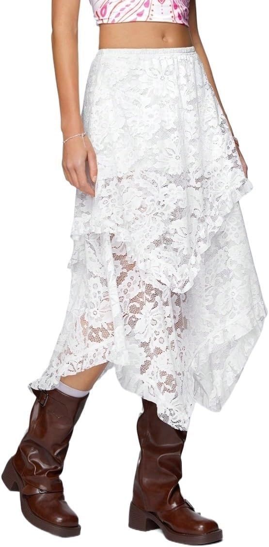 Women's 2024 Summer Skirts ' Double-Layer Mesh Lace Hem Skirt With Floral | Amazon (US)