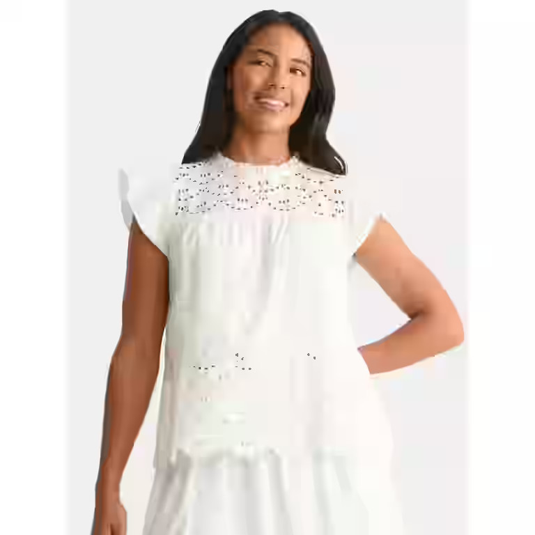 Time and Tru Women's Eyelet Top with Flutter Sleeves, Sizes XS-XXXL | Walmart (US)
