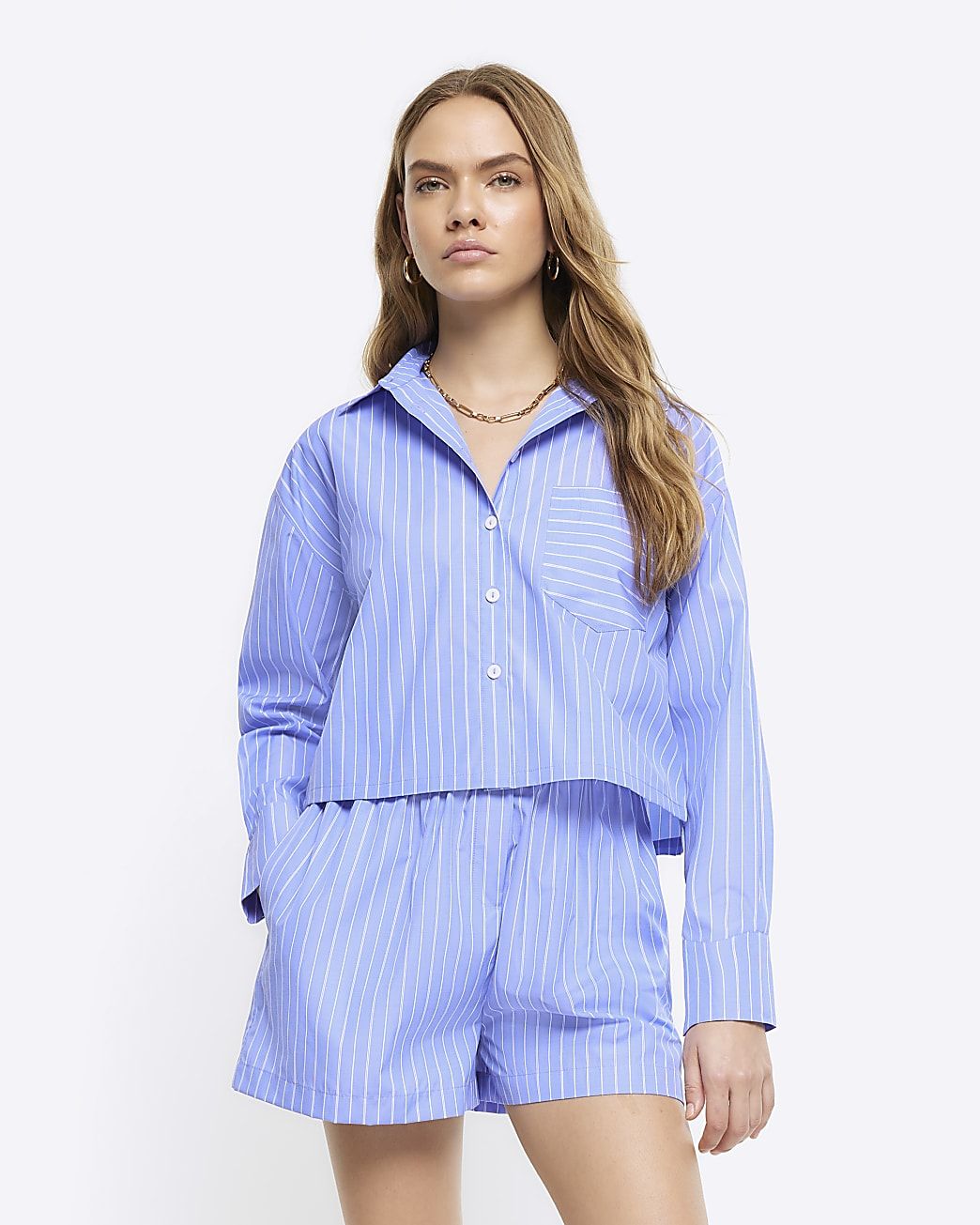 Blue stripe long sleeve crop shirt | River Island (UK & IE)