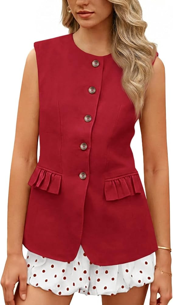 Cicy Bell Womens Blazer Vest Tops Crew Neck Ruffle Flap Pockets Sleeveless Suit Vests Summer Busi... | Amazon (US)