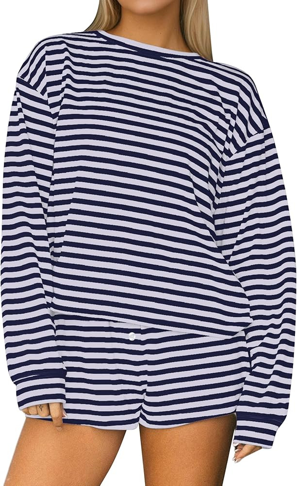 Ythomm Striped Pajamas Women 2 Piece Sets Long Sleeve Oversized Tees Button Wide Leg Shorts Match... | Amazon (US)