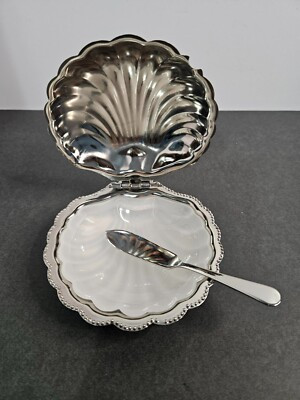 Vtg.Silver plated hinged Clam Shell Dish w/ Frosted Glass insert-Made in England | eBay | eBay US