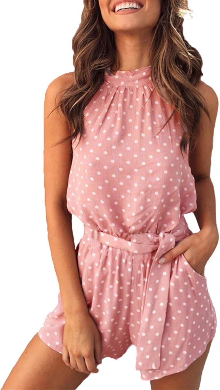 PRETTYGARDEN Women's Summer Polka dot Printed Halter Neck Sleeveless Elastic Waist One Piece Shor... | Amazon (US)