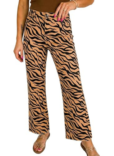 Astylish Women's Tiger Print Stretchy Breathable Flare Wide Leg Vintage High Waisted Jeans Tummy Control Casual Trendy Baggy Cropped Raw Hem Ankle Denim Pants Spring Summer Brown Stripe Size 12 | Amazon (US)