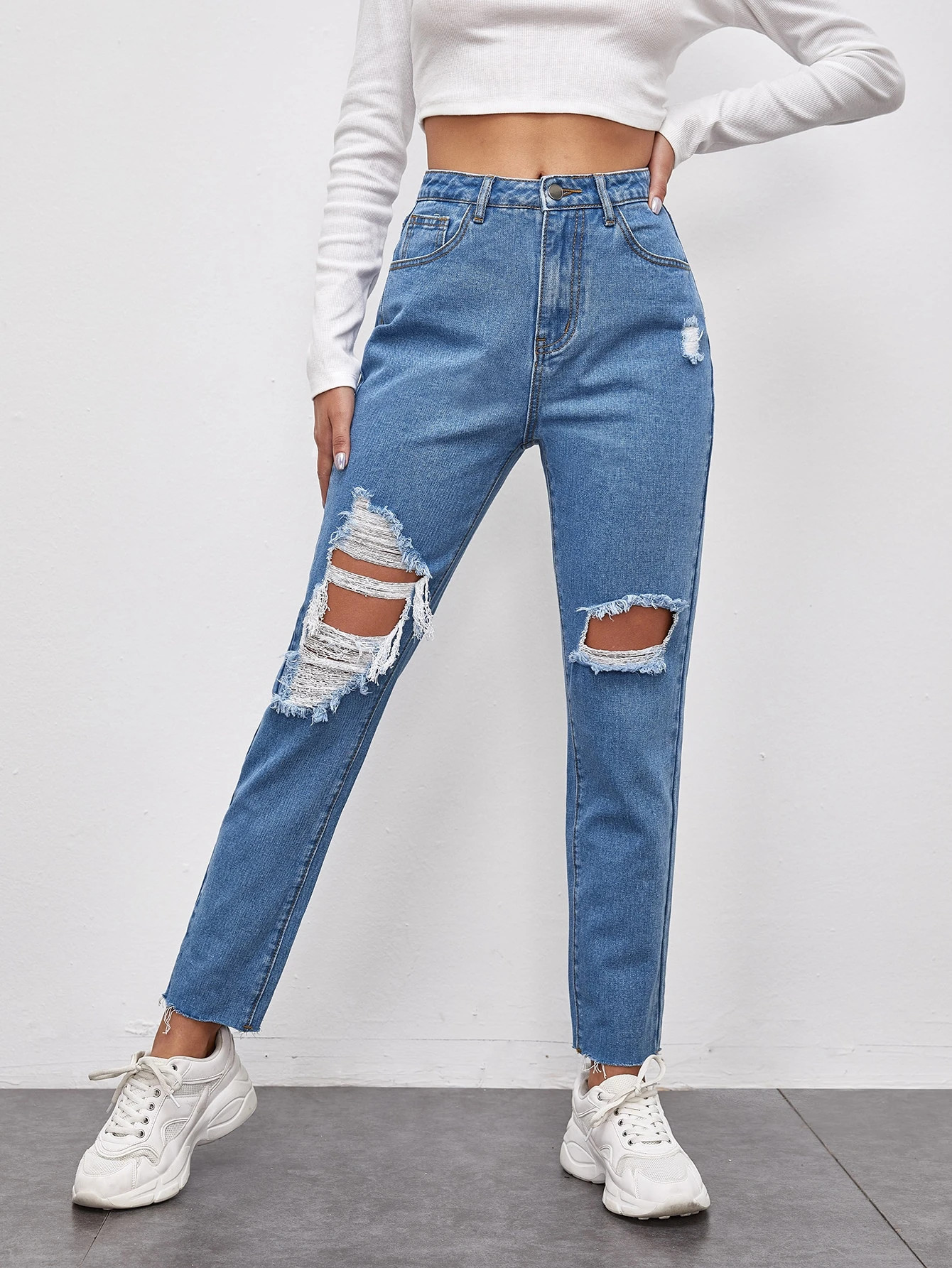 High Waist Raw Hem Ripped Mom Jeans | SHEIN