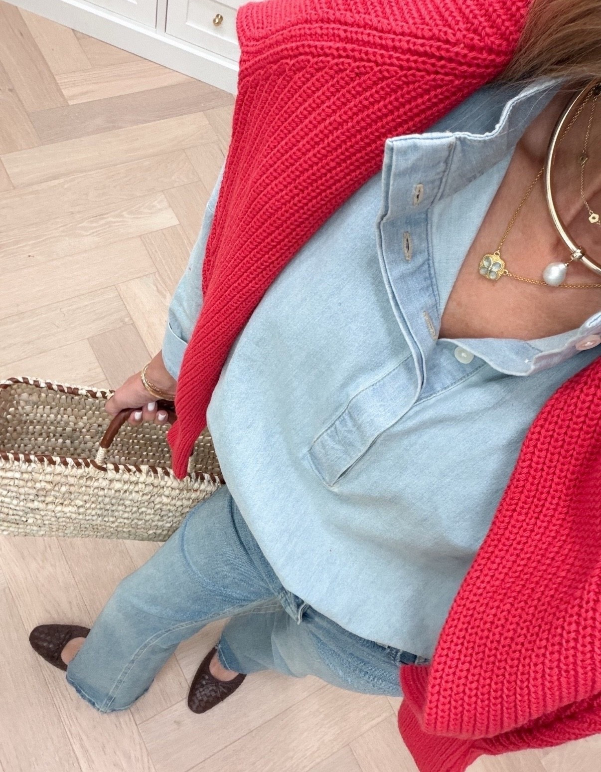 -A favorite top reg small size. Available in petite now 
-jeans for perfectly, a travel jean TTS 
-woven tote! 
-flats TTS 

#LTKootd #LTKOver40