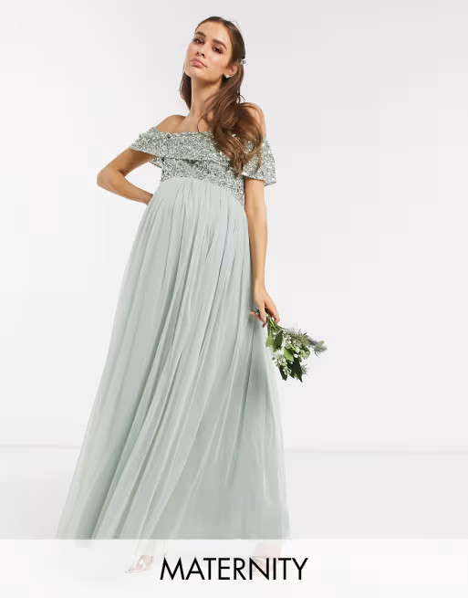 Maya Maternity Bridesmaid bardot maxi tulle dress with tonal delicate sequins in sage green | ASOS (Global)