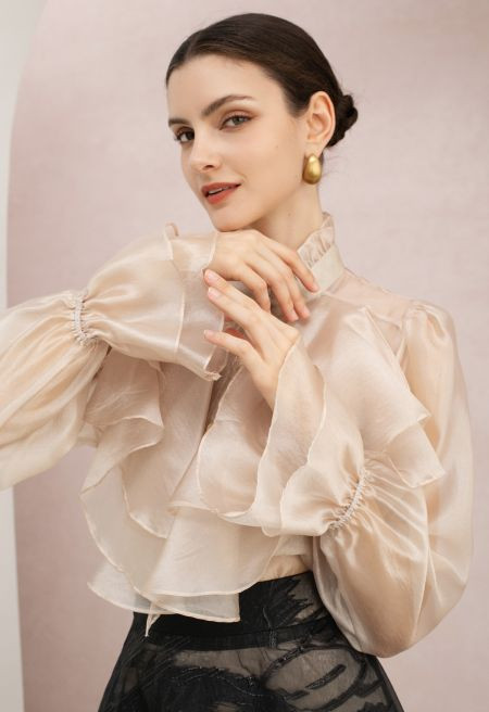 Tiered Ruffle Bubble Sleeve Organza Top in Champagne for Elegant Lunches & Romantic Dates | Chicwish