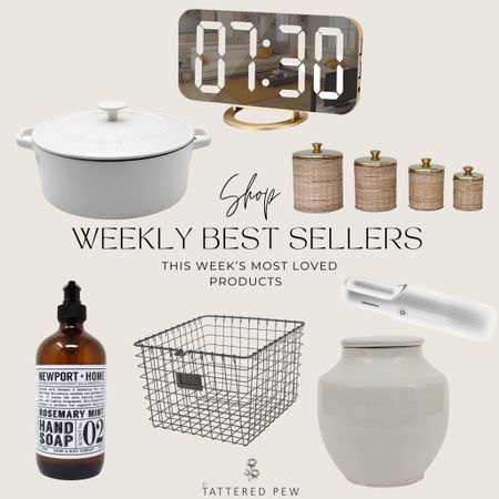 Shop my weekly best sellers! White terracotta pot, wire storage basket, Newport + Home hand soap, white cast iron Dutch oven, portable hand-held vacuum, digital alarm clock, rattan wrapped canisters. 

#LTKhome #LTKSeasonal #LTKunder50