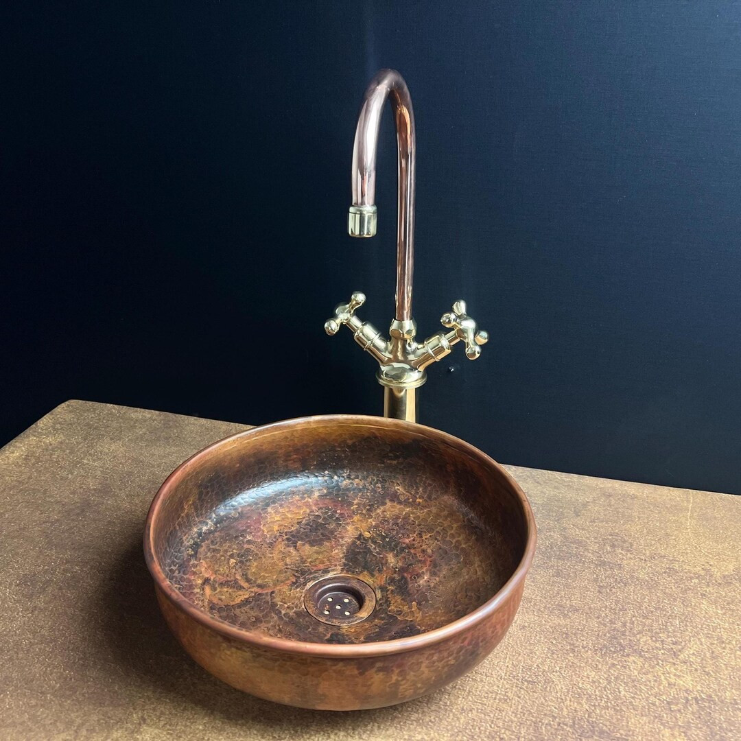Rustic Copper Vessel Sink Vintage Fire Patina Round Basin Handcrafted Hammered Copper Bathroom Si... | Etsy (US)