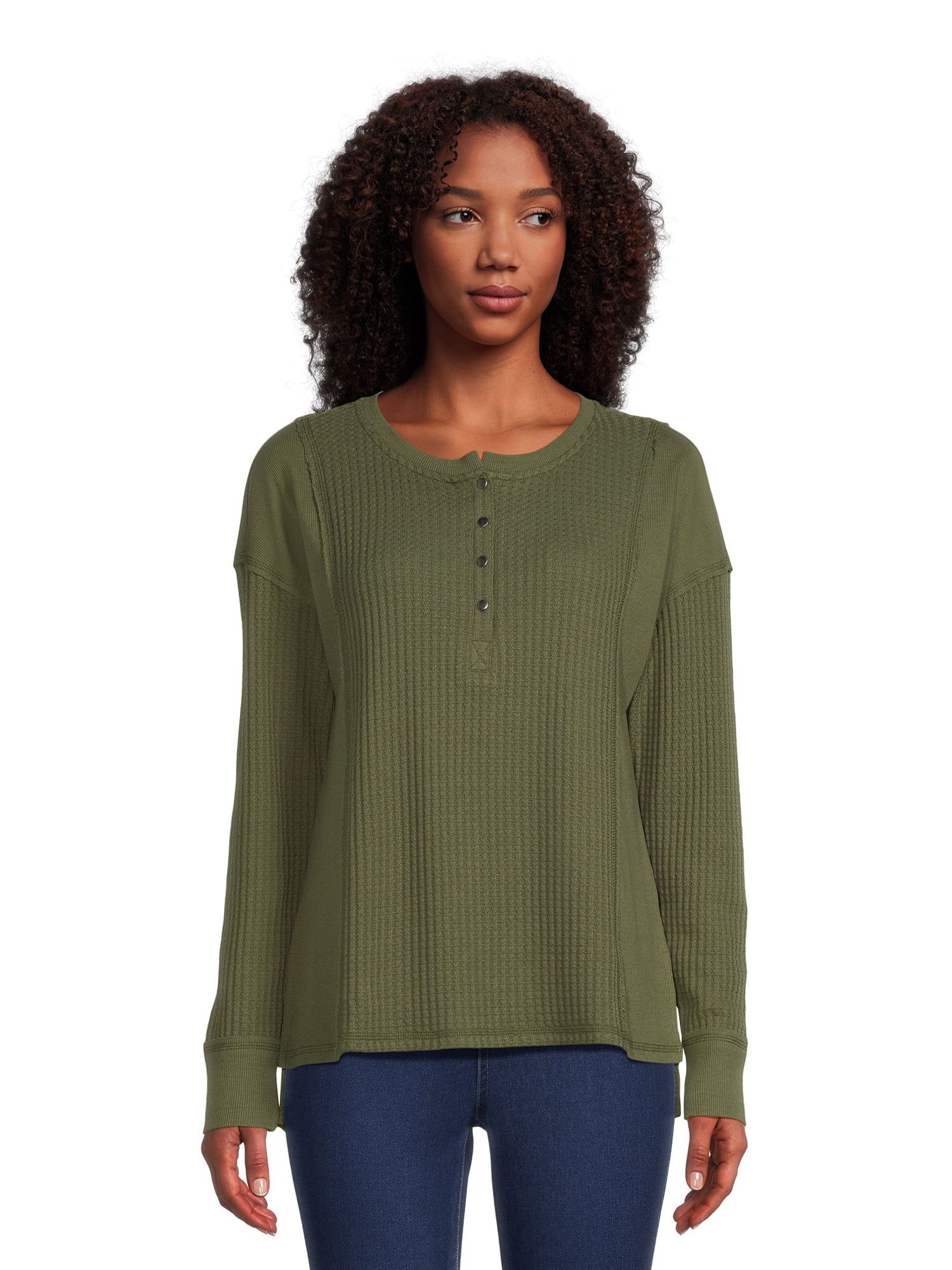 Time and Tru Women's Mixed Henley Tee with Long Sleeves, Sizes S-XXXL | Walmart (US)