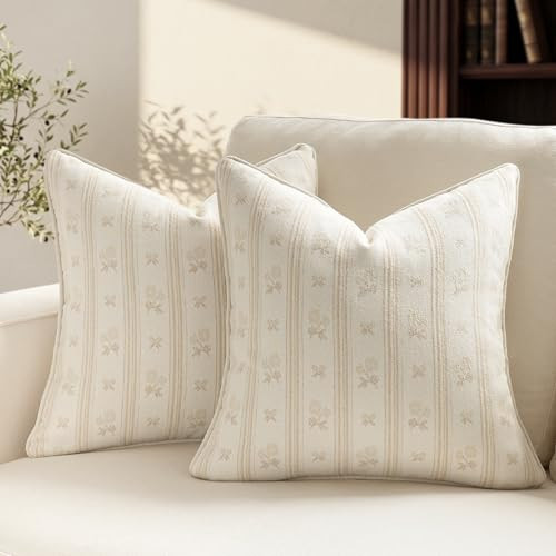 NextArt Floral Striped Pillow Covers, 18x18 Vintage Farmhouse Pillows Covers Set of 2, Vintage Floral Throw Pillows Natural Beige, Block Print Pillow Cover with Durable Double-Sided Jacquard | Amazon (US)