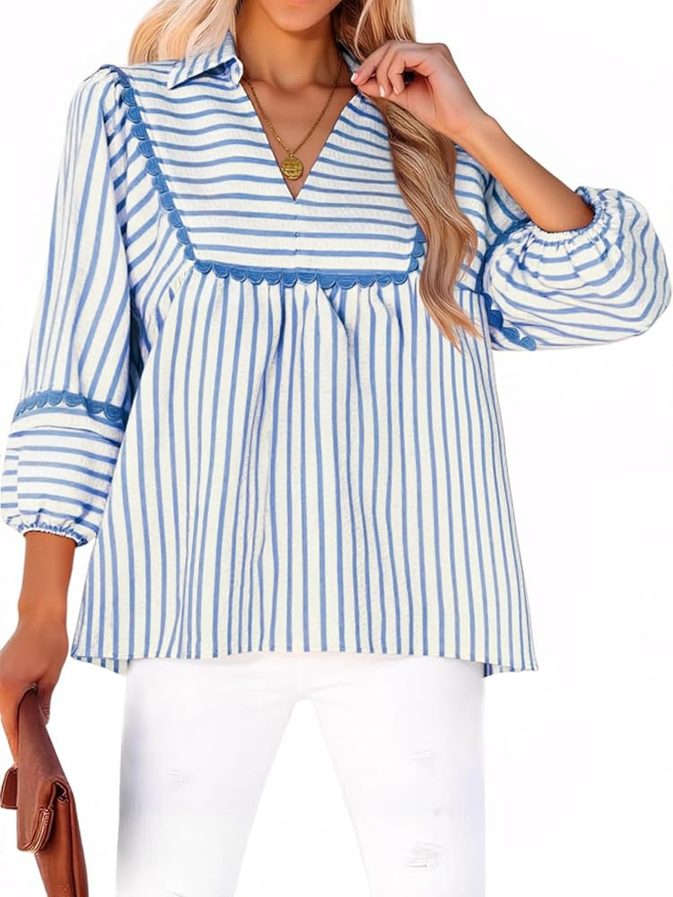 Tankaneo Womens Striped Babydoll Tops Oversized 3/4 Sleeve Peplum Blouse Casual Loose Fit Pleated... | Amazon (US)