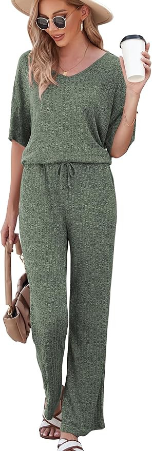 JiniGolla Women's Ribbed Knit Pajama Set 2 Piece Matching Pj Set Short Sleeve Top and Pants Loung... | Amazon (US)