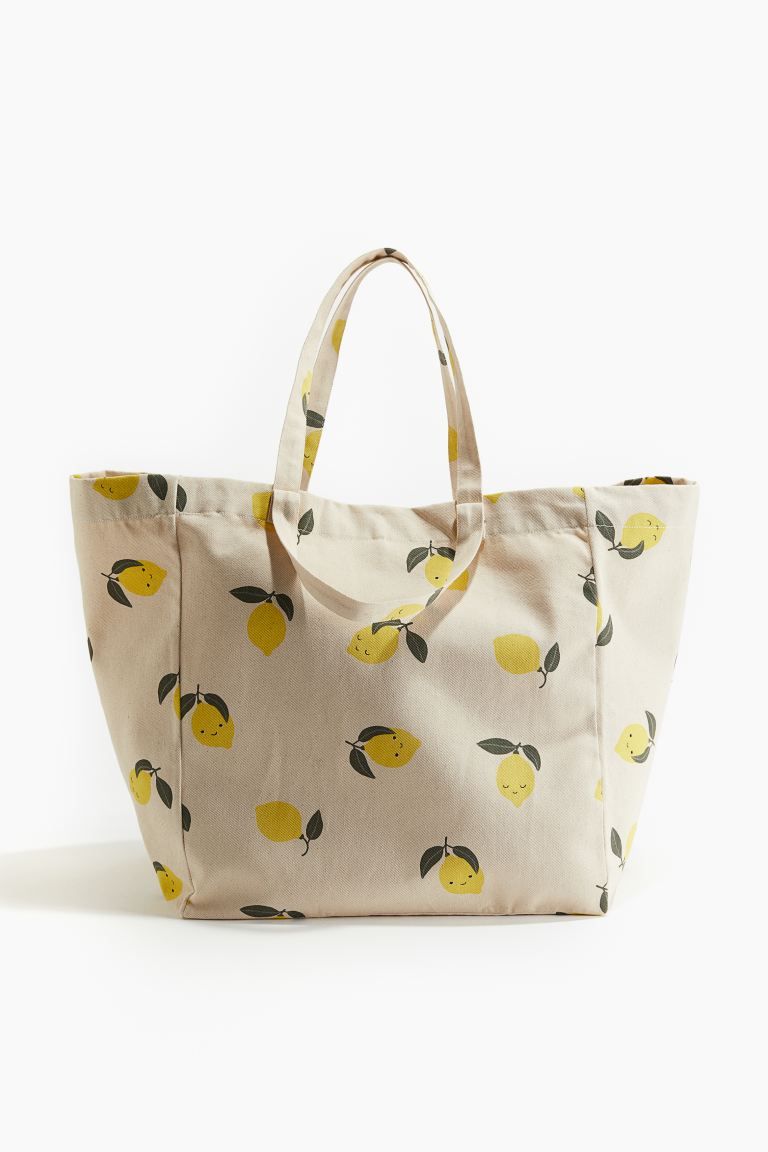 Patterned Beach Bag - Light beige/lemons - Home All | H&M US | H&M (US + CA)