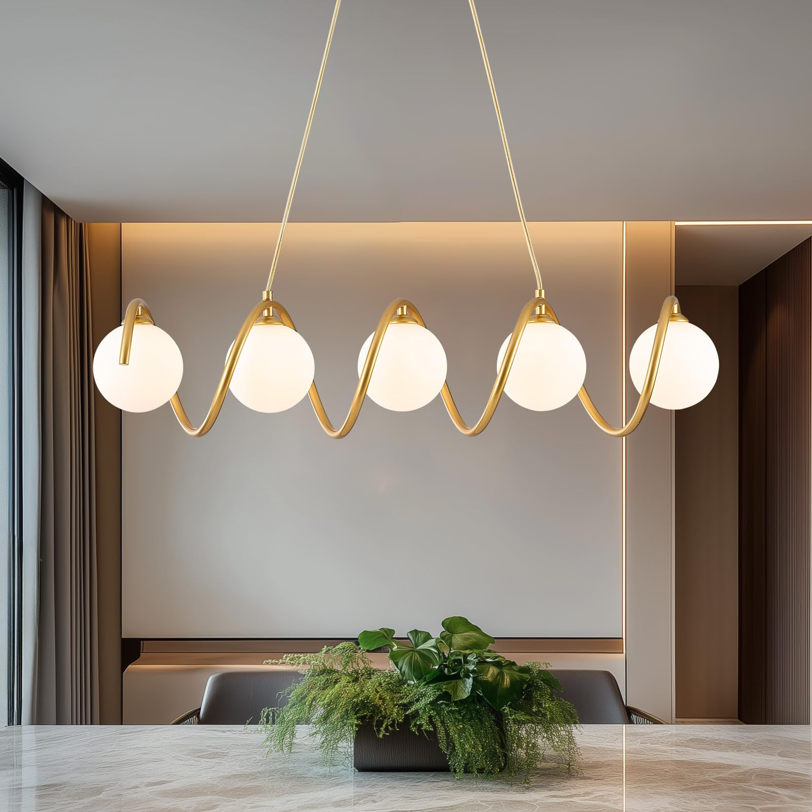 Glass Globe Sputnik Chandelier, 5-Light Modern Spiral Wave Light Fixture Over Table, Linear Chand... | Amazon (US)