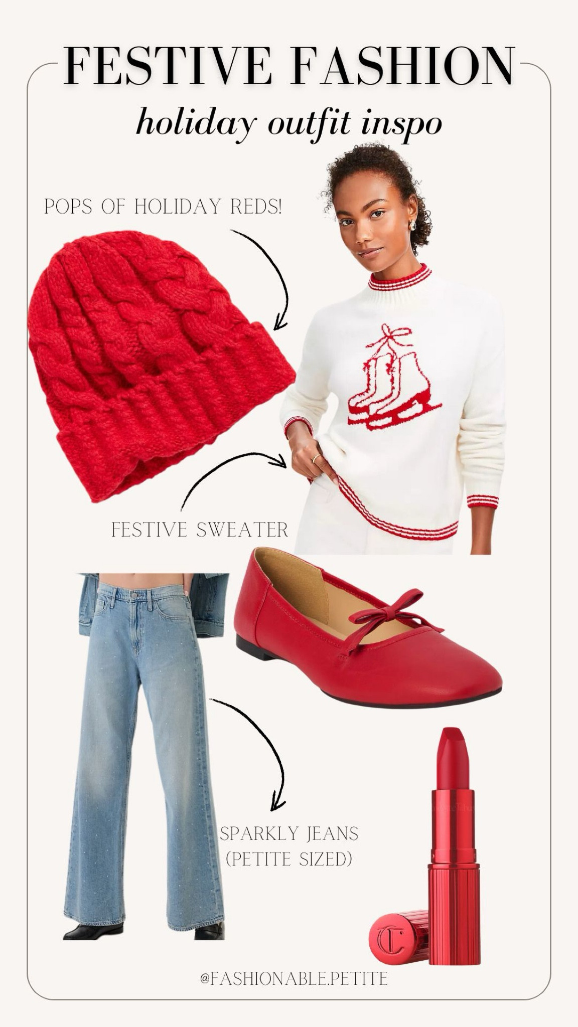 Holiday outfit inspo! Pair a festive sweater with pops of bright red and sparkly jeans. 
Winter outfit. Christmas outfit. Christmas sweater. Holiday sweater. Holiday outfit. 

#LTKHoliday #LTKSaleAlert