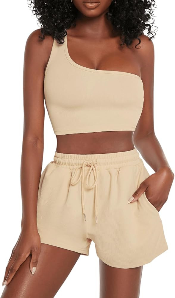 Verdusa Women's One Shoulder Tank Top and Lounge Shorts 2 Piece Tracksuit Set | Amazon (US)