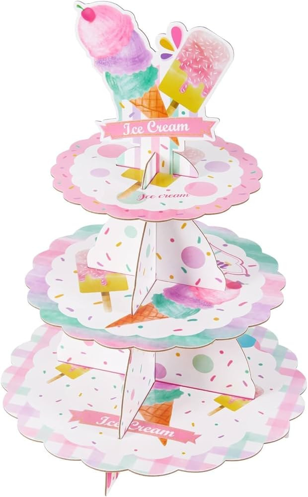 WERNNSAI Ice Cream Cupcake Stand - 3 Tier Ice Cream Birthday Party Decorations for Girls Kids Sum... | Amazon (US)