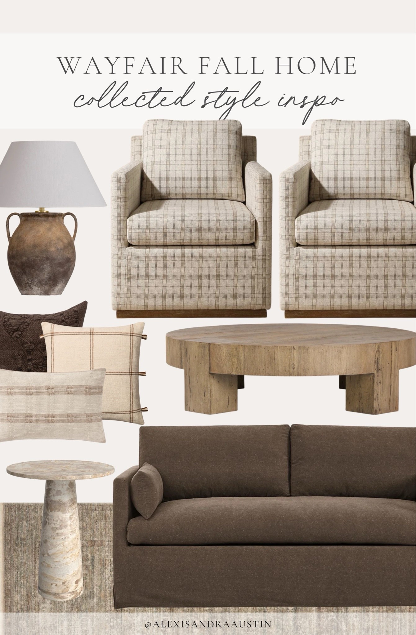 #ad creating a cozy and elevated space for fall has never been easier with some of my favorite @wayfair finds. This is season is all about warmer tones and textures for a collected and layered vibe.

From timeless furniture staples, warm wood tones, and seasonal accents — find the perfect piece for your home this fall.

#Wayfair #WayfairPartner

Home finds, neutral home inspo, collected style, fall refresh, timeless home details, cozy style, furniture favorites, neutral wood tones, statement table lamp, neutral accent chair, round coffee table, cozy throw pillow, moody couch details, vintage inspired area rug, marble accent table, Wayfair, shop the look!

#LTKSeasonal #LTKHome