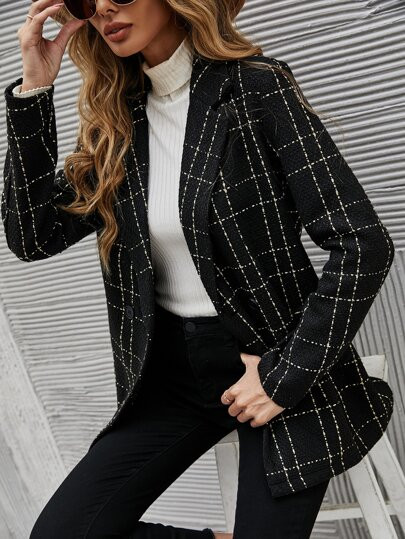 Plaid Lapel Neck Tweed Blazer | SHEIN