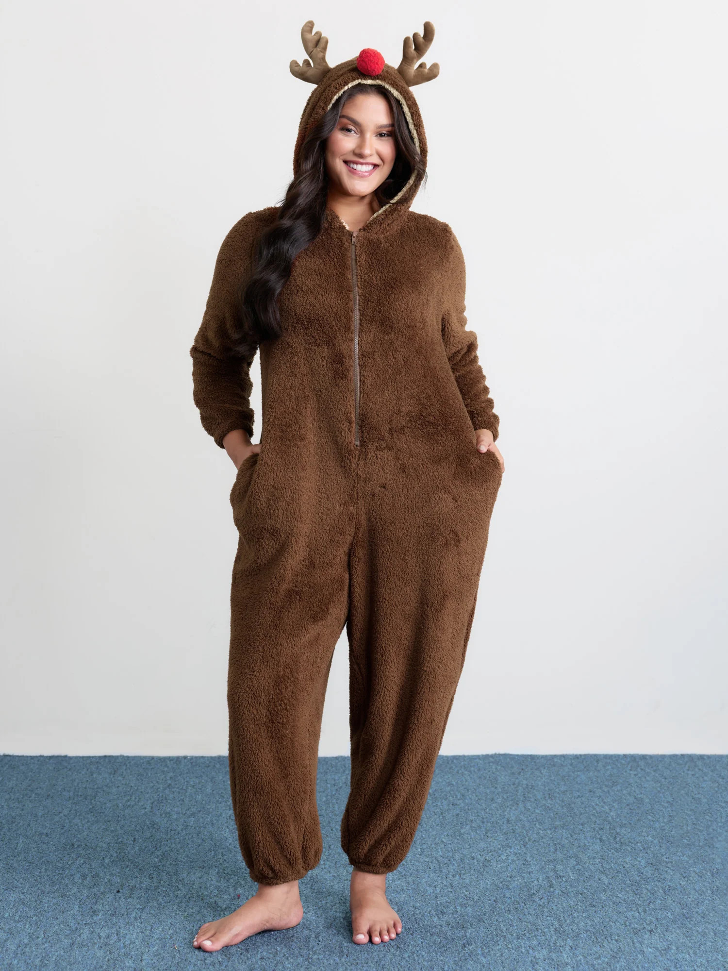 Supersoft Fluffy Reindeer Hoodie Sleep Jumpsuit | Bloomchic