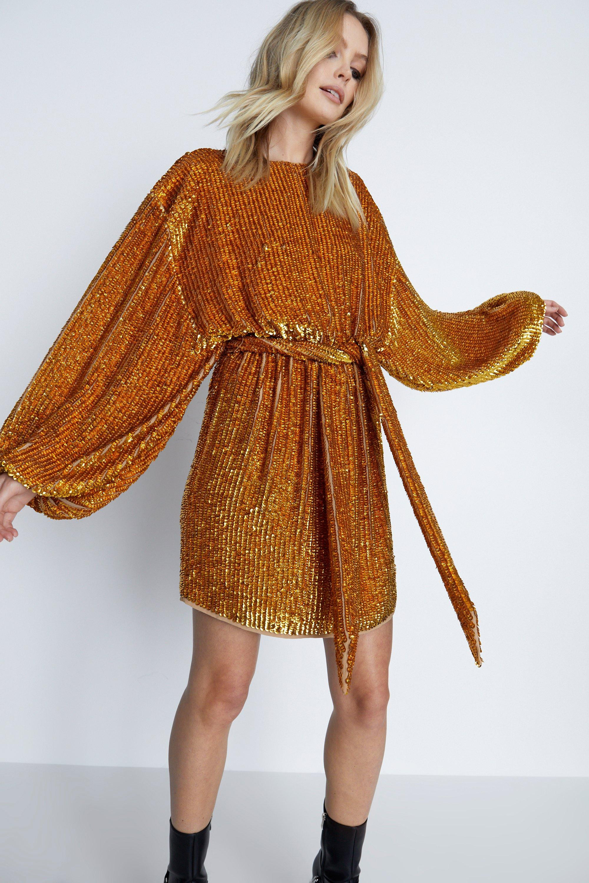Hand Sequined Belted Mini Dress | Warehouse UK & IE