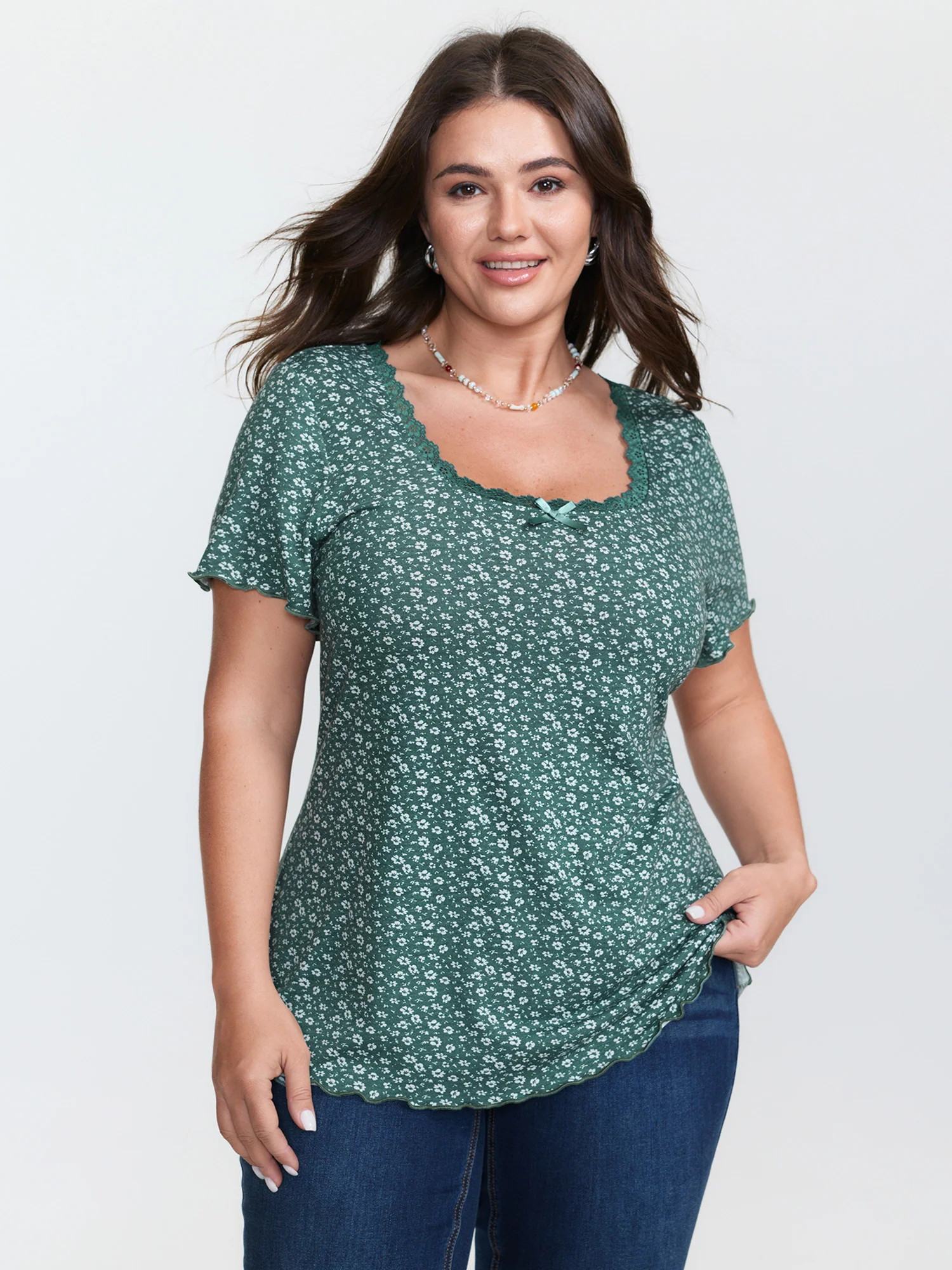Floral Print Lace Neckline T-Shirt | Bloomchic