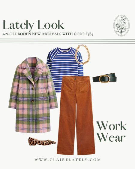 20% off Boden new arrivals with code F3B3

Lately Look - Workwear Edition. What to wear to work - wide leg front pocket corduroy pants, stripe top, hunter green belt, chunky necklace, leopard ballet flats, and a plaid overcoat  - Love, Claire Lately 


#LTKworkwear #LTKstyletip #LTKsalealert