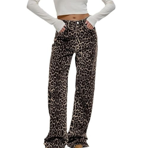 Hesaco Leopard Print Jeans for Women - Y2K Vintage Cheetah Print Pants, Wide Leg Low Waisted Pants for Women (Leopard,S,Small) | Amazon (US)